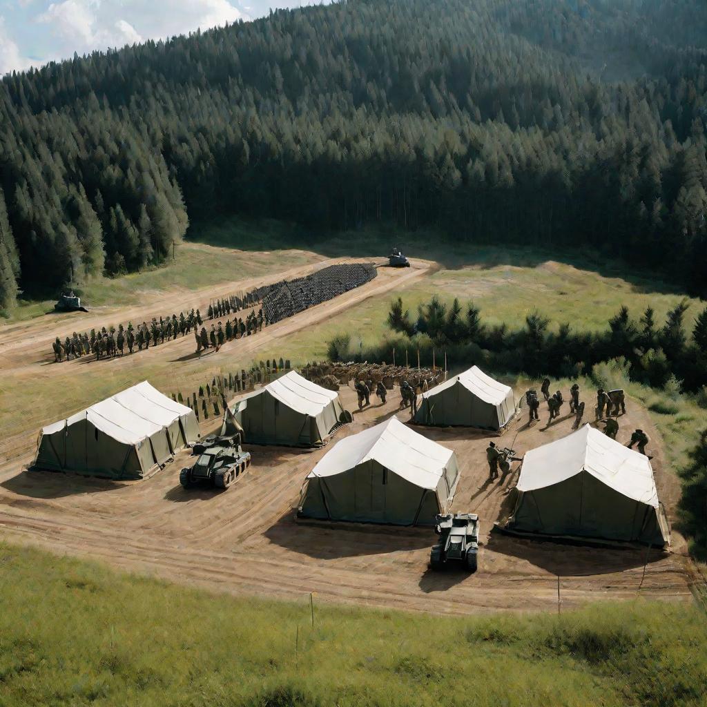 Строительство военного лагеря в лесистой местности