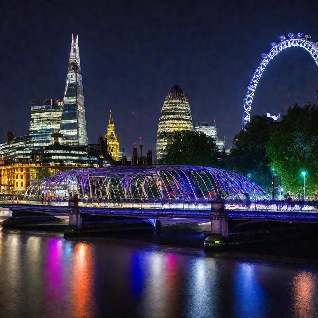 Ночной городской пейзаж с небоскребами и Лондонским колесом обозрения, отражающимися в реке Темза