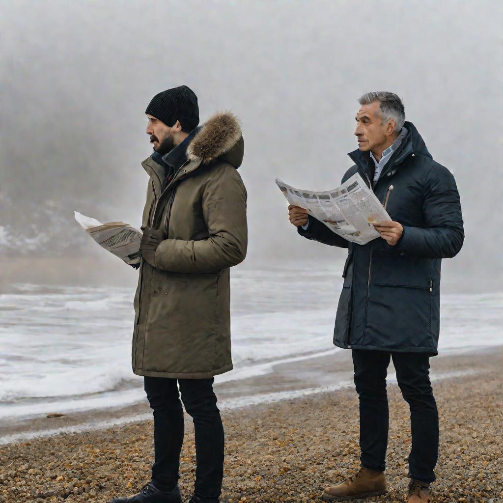 Два мужчины спорят из-за творческих разногласий как соавторы на пляже осенью