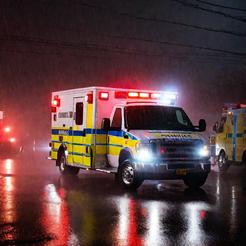 Машина скорой помощи ночью в тумане с мигалками. Парамедики грузят пострадавшего на носилках внутрь