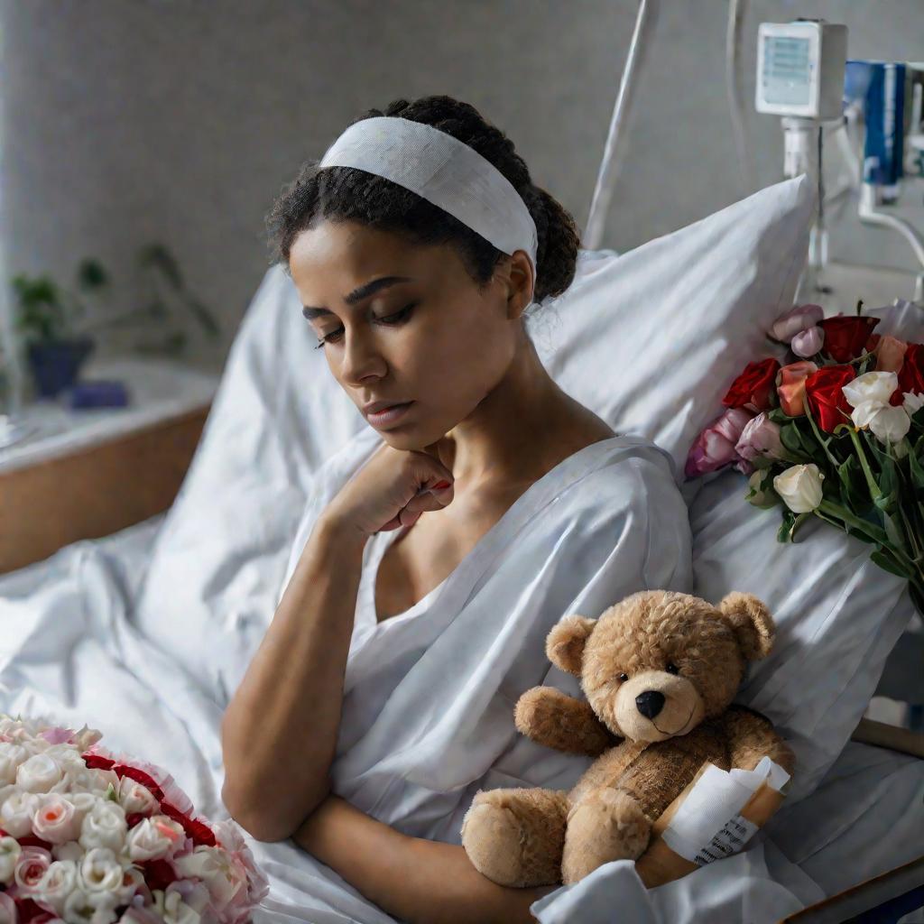 Портрет девушки в больнице с перевязкой на голове и гипсом на руке