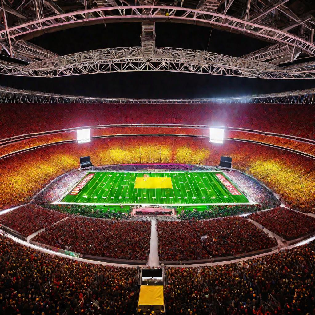 Вид сверху на полный стадион зрителей ярко одетой толпы, посещающей спортивное мероприятие. Стадион освещен яркими прожекторами с теплой цветовой палитрой.
