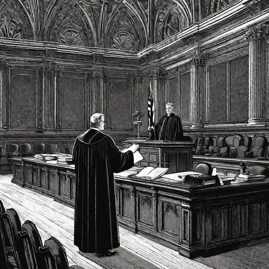 Судья в мантии с молотком и документами об обязательной явке в суд. Позади интерьер официального судебного зала с высоким потолком, деревянными панелями на стенах, юридическими книгами.