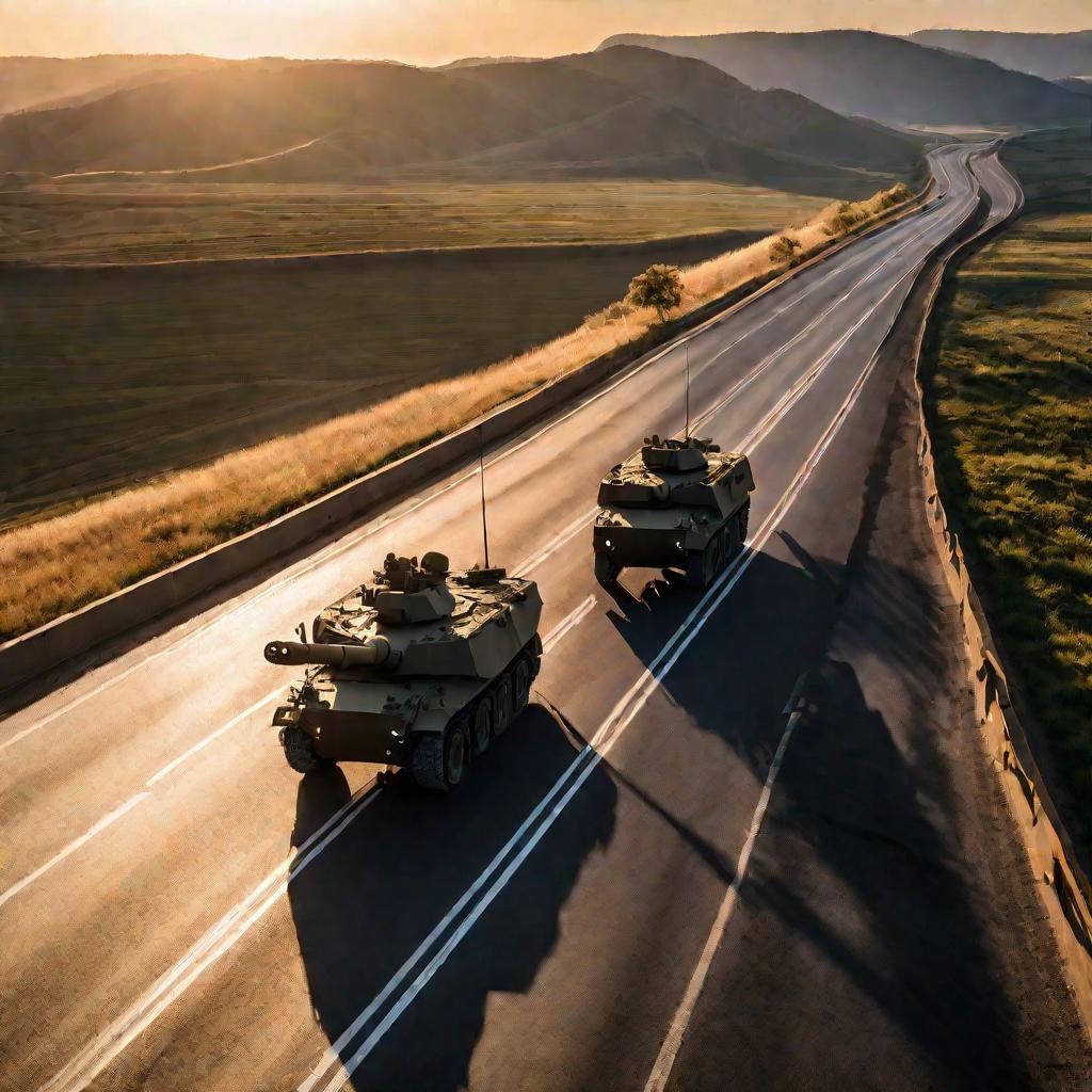 Бронетехника внутренних войск выстраивается колонной на рассвете на шоссе на фоне холмов