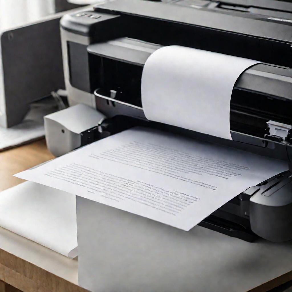 Крупным планом принтер, печатающий листы бумаги с текстом при мягком естественном освещении