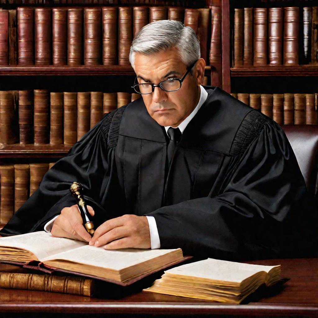 Крупный план мужчины средних лет в официальной черной мантии, сидящего за скамьей перед юридическими книгами. У него короткие седые волосы и очки. Он с серьезным сосредоточенным выражением смотрит на некие документы. На столе перед ним лежит молоток судьи