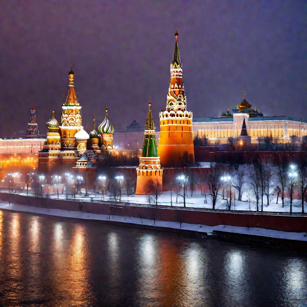 Московский Кремль и Собор Василия Блаженного в снегу под туманным небом