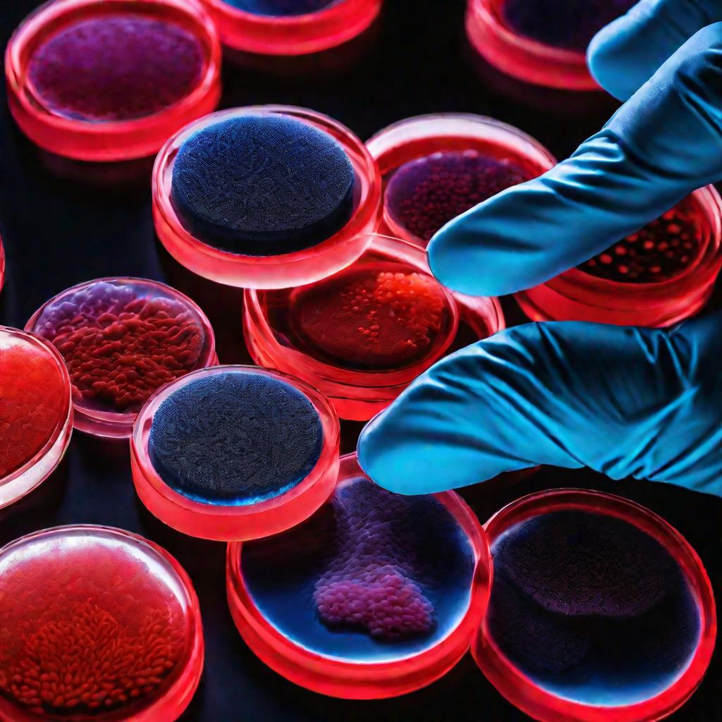 Крупный план чашки Петри в синей перчатке ученого, на которой показаны бактериальные колонии разных цветов, растущие на красном агаровом геле. Яркие, красочные бактериальные разводы светятся под ярким направленным окружающим освещением на фоне строгого че