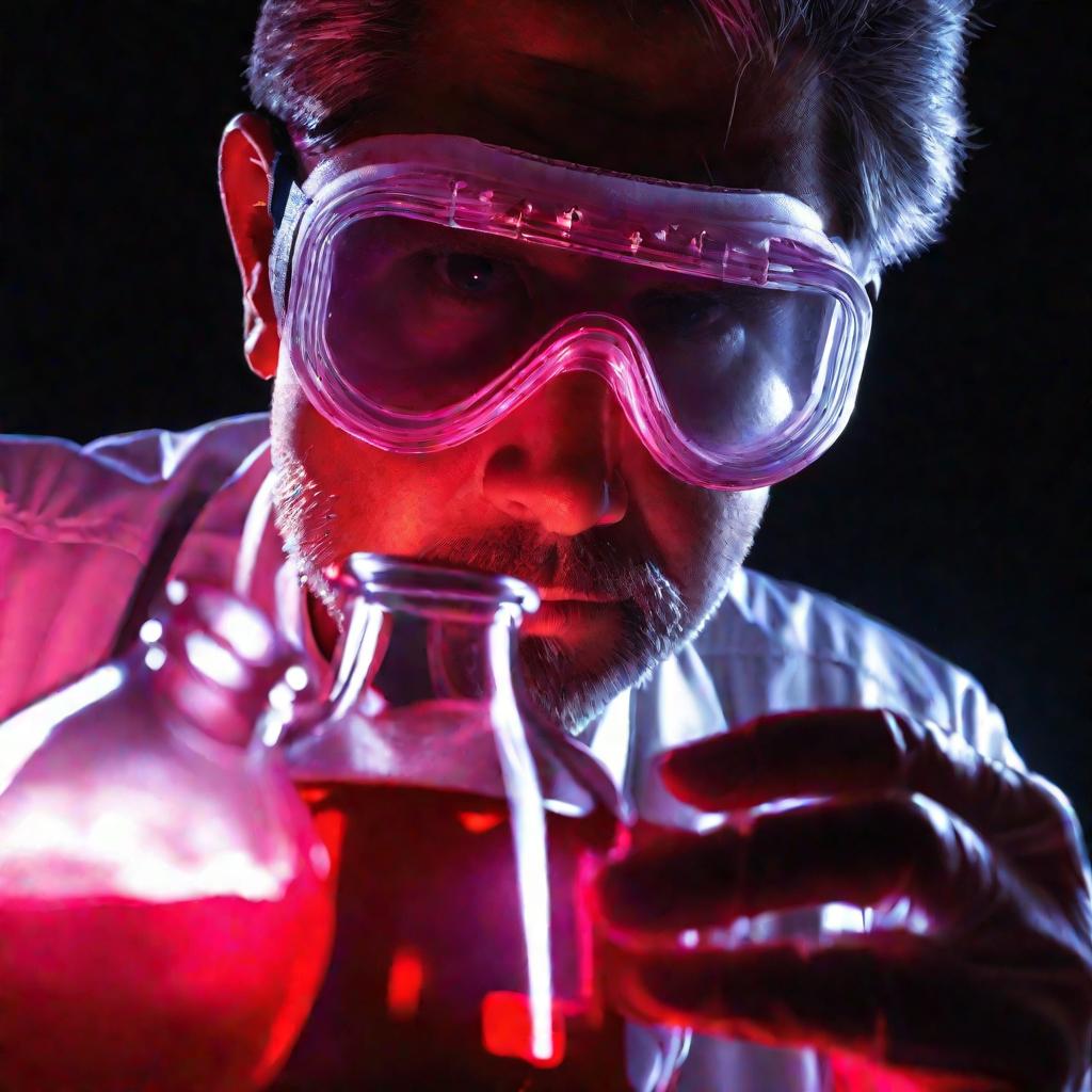 Ученый в защитных очках и перчатках с обеспокоенным сосредоточенным лицом рассматривает вблизи колбу с красной жидкостью при драматичном боковом освещении. Светящаяся, пузырящаяся смесь испускает пульсирующие волны энергии, предполагающие потенциально опа