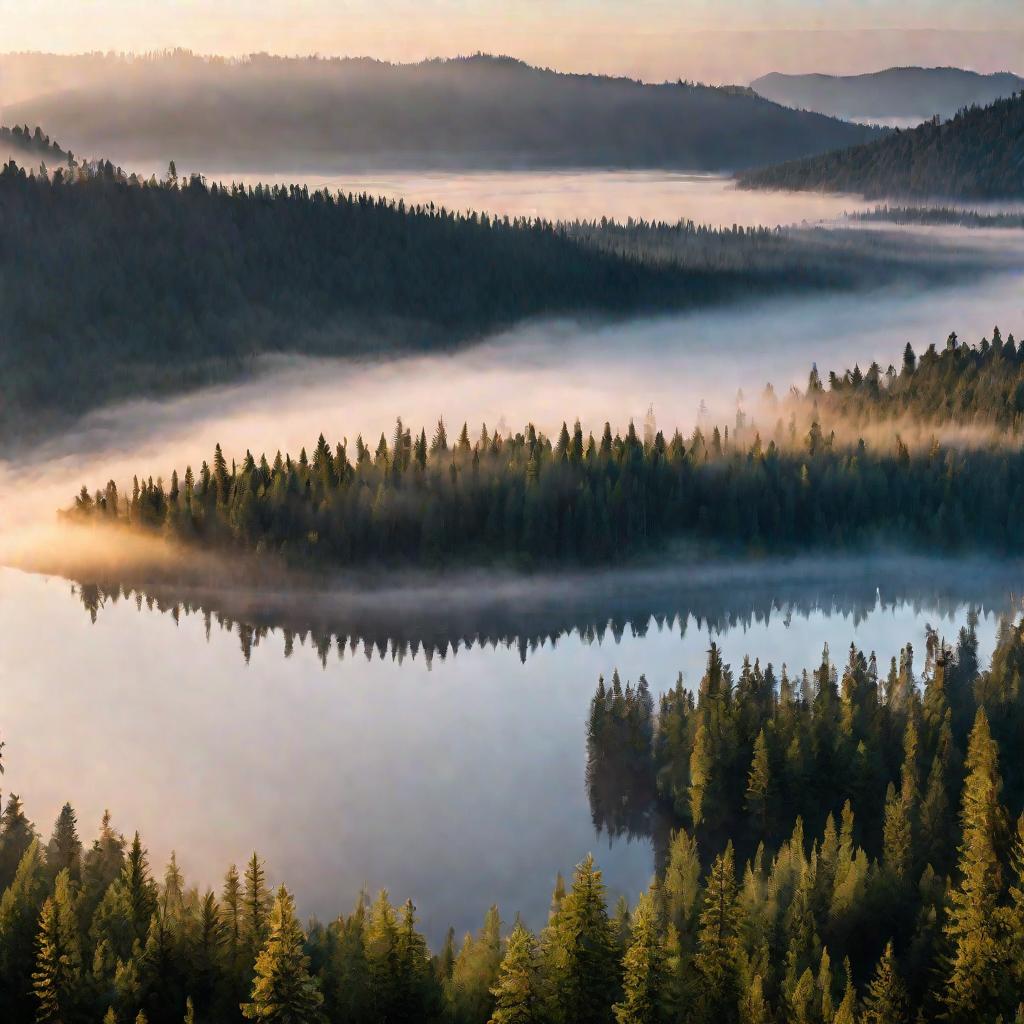 Туман над горным лесом и озером в утреннем солнечном свете