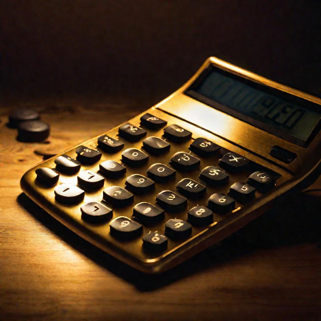 Калькулятор на деревянном столе, подсвечен драматичным светом