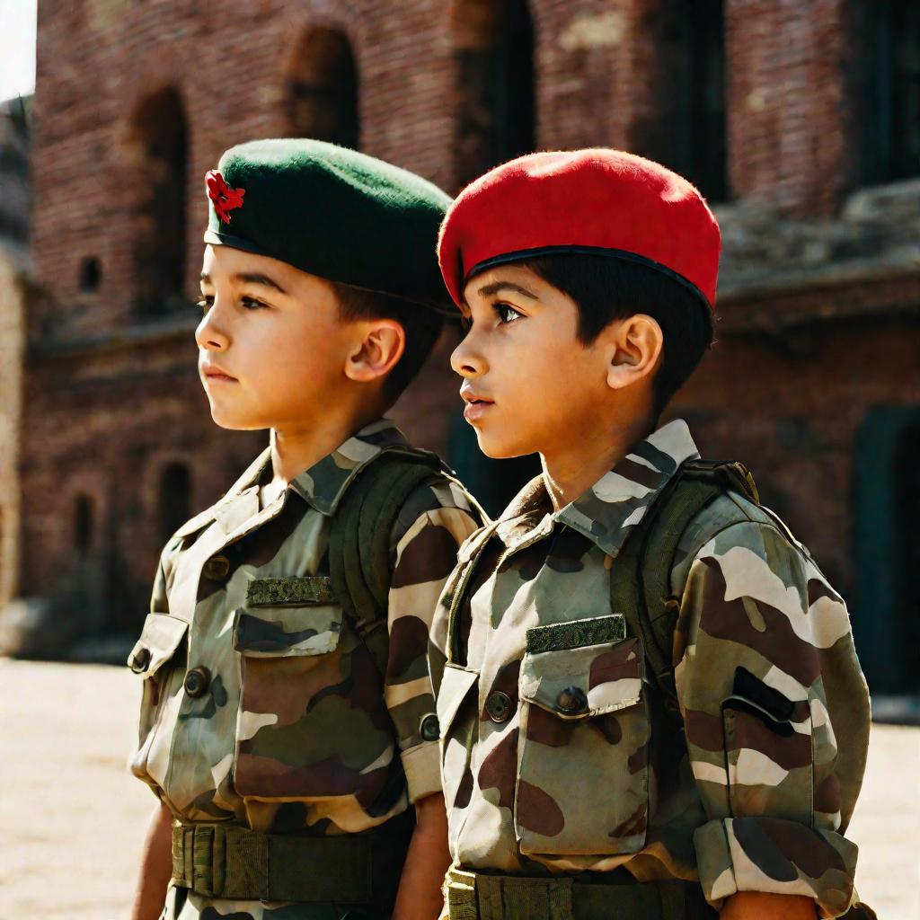 Дети-кадеты в военной форме и головных уборах на залитом солнцем плацу.