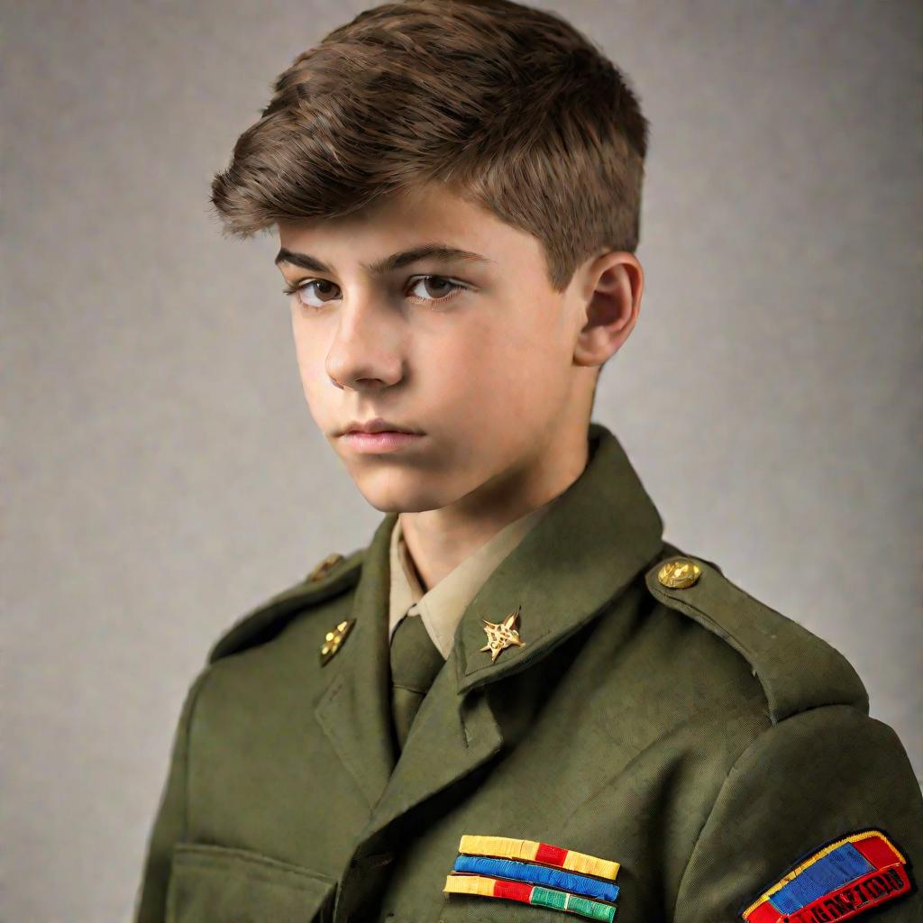 Портрет мальчика-кадета в военной форме в мягком освещении на размытом фоне.
