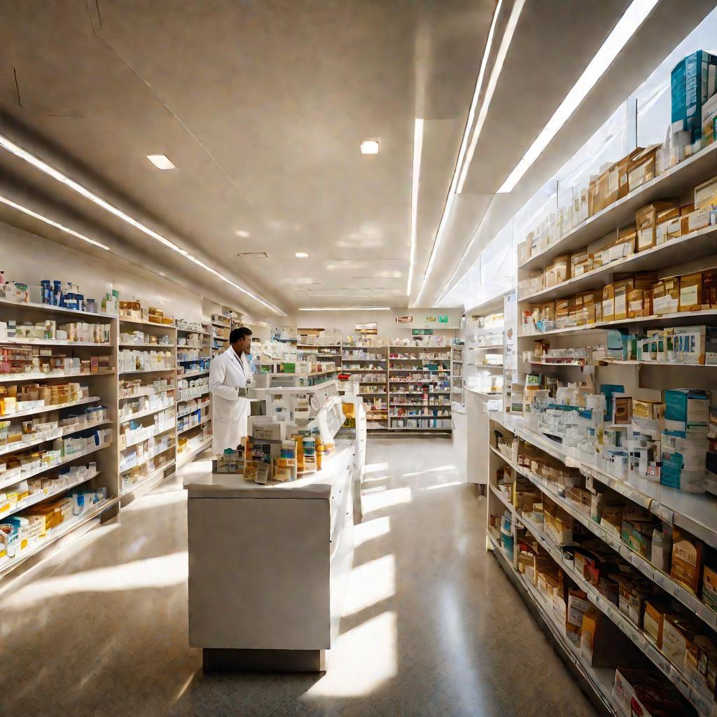 Вид сверху на интерьер аптеки с полками, лекарствами и покупателями.