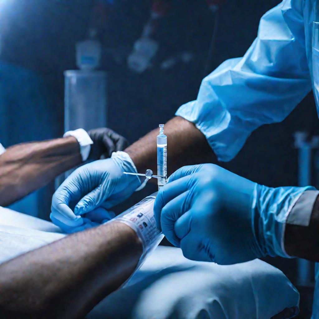 Парамедик в виниловых перчатках берет анализ крови у пациента