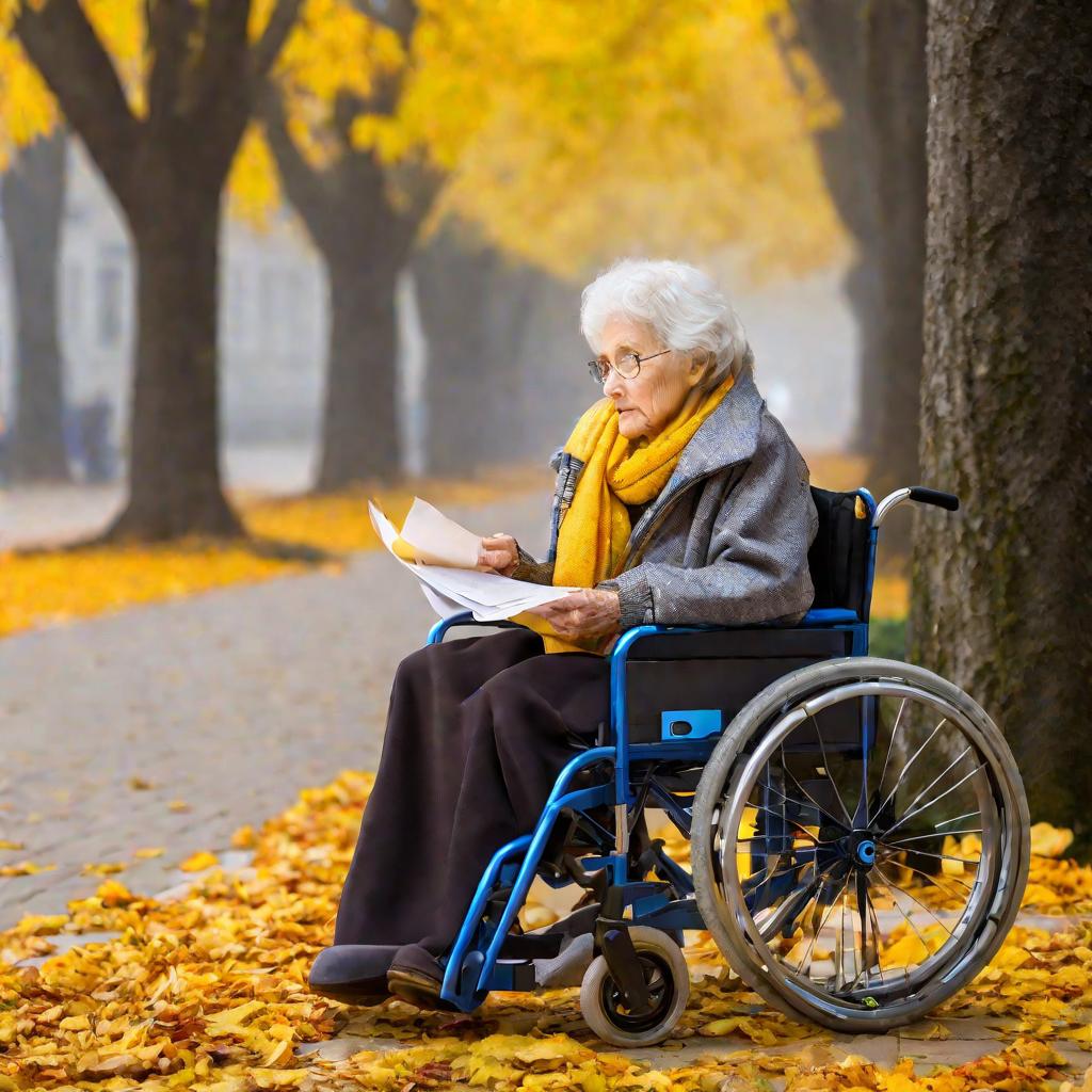 Пожилая женщина в теплой одежде сидит в инвалидной коляске в туманный осенний день, на заднем плане деревья с желтыми листьями. Она сосредоточенно смотрит на бумаги в руках. Инвалидная коляска припаркована у входа в административное здание с пандусом для 