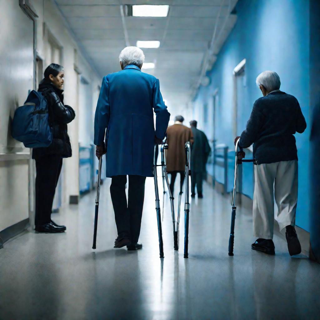 Пожилой человек с костылями медленно идет по коридору государственного учреждения, вокруг люди стоят в очереди на медицинское освидетельствование. Широкий общий драматичный кадр, холодное голубое освещение, агрессивная занятая атмосфера подчеркивает трудн