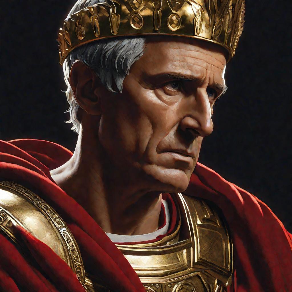 Драматический портрет Юлия Цезаря в лавровом венке, красно золотой тоге и металлических доспехах. Его взгляд решителен и сосредоточен