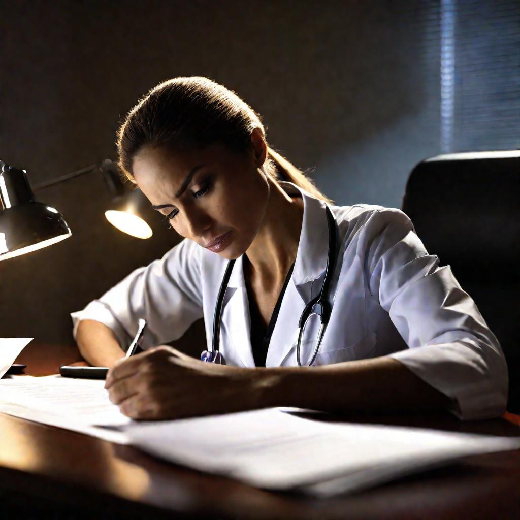 Женщина заполняет медицинские документы в кабинете доктора