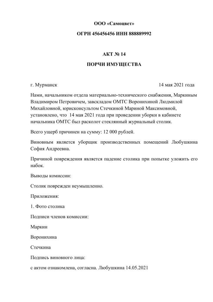 акт о порче имущества